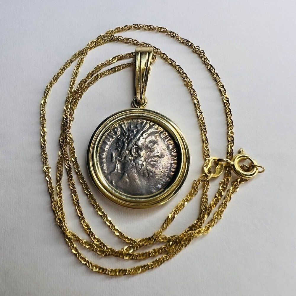 14k Gold Ancient Coin Necklace 18" Silver Roman Emperor Commodus 177-192 AD 5.7g - Picture 6 of 16